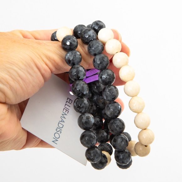 Set of 3 Labradorite beaded stretch bracelets black & cream by Ellei Madison L - Picture 10 of 14